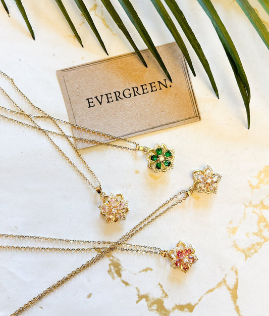 Stainless Steel Fidget Spinner Zircon Flower Pendant & Necklace Chain - Stress / Anxiety Relief