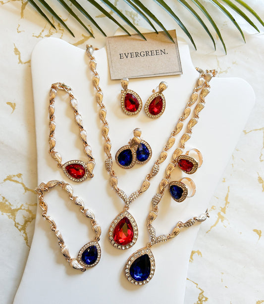 Ornate Necklace, Bracelet, Ring & Earrings Jewellery Set - Blue / Red