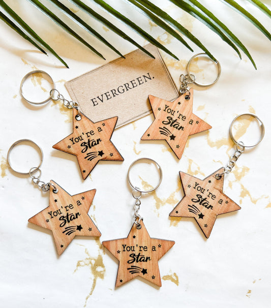Wooden "You're A Star" Star Keychain - School Leavers / Student / Teacher / Pupil / Colleague / Friend / Leaving Gift