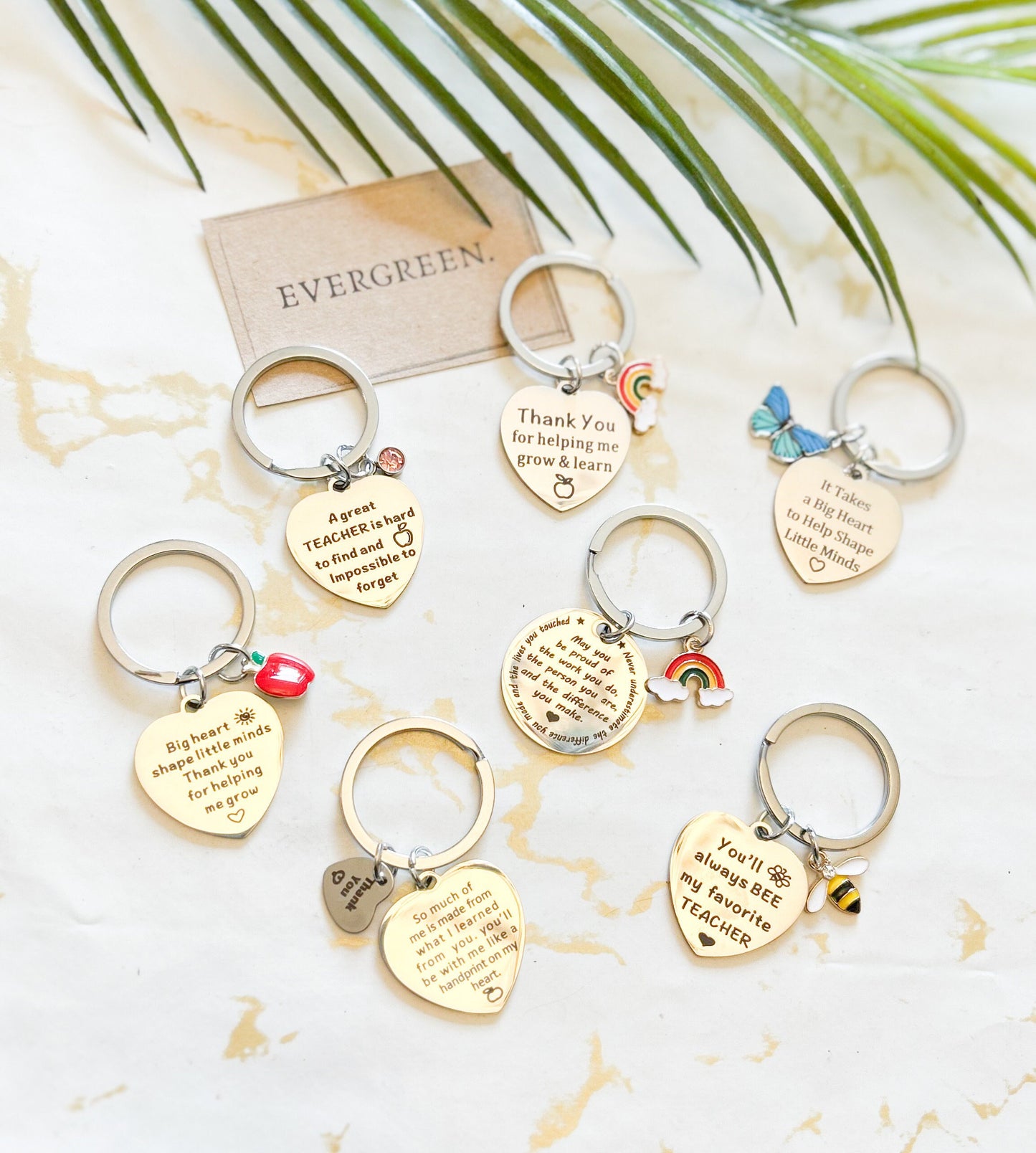Thank You Teacher Silver Metal Keychain - Bee / Heart / Rainbow / Apple / Butterfly