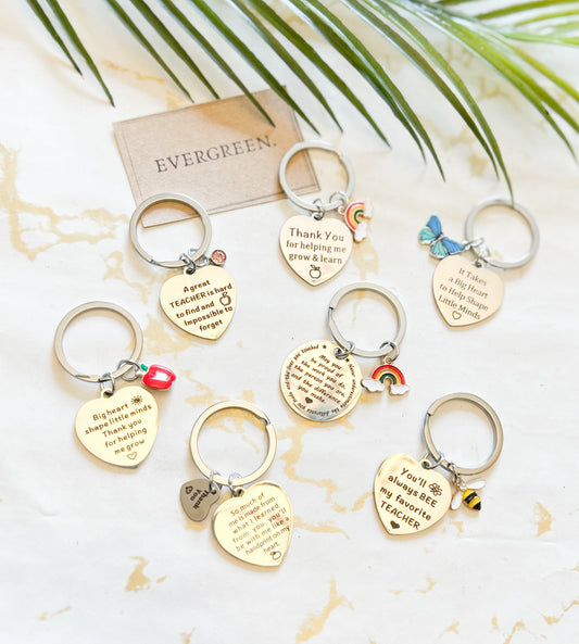 Thank You Teacher Silver Metal Keychain - Bee / Heart / Rainbow / Apple / Butterfly