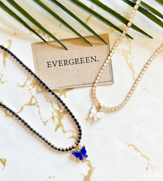 18K Gold Plated Tennis Chain & Zircon Butterfly Pendant Choker / Necklace - White / Blue