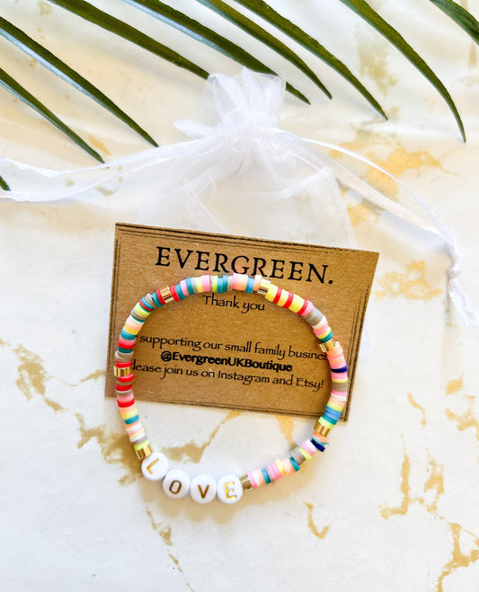 Gold Plated Multicolour Beaded Bracelet - Love / Vegan