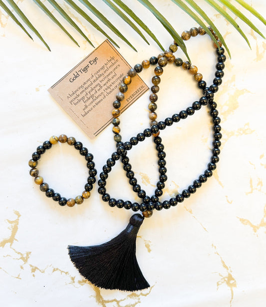Handmade 108 Gold Tiger Eye And Black Obsidian Crystal Mala Beads / Bracelet - Courage, Stability & Self Worth