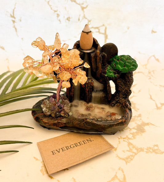Crystal Chip Tree Of Life & Waterfall Backflow Incense Burner - Amethyst, Red Jasper, Citrine, Emerald, Mixed Crystal