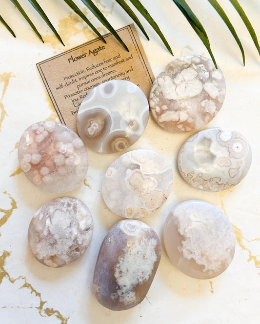 Flower Agate Crystal Palm Stone - Protection, Courage & Manifestation