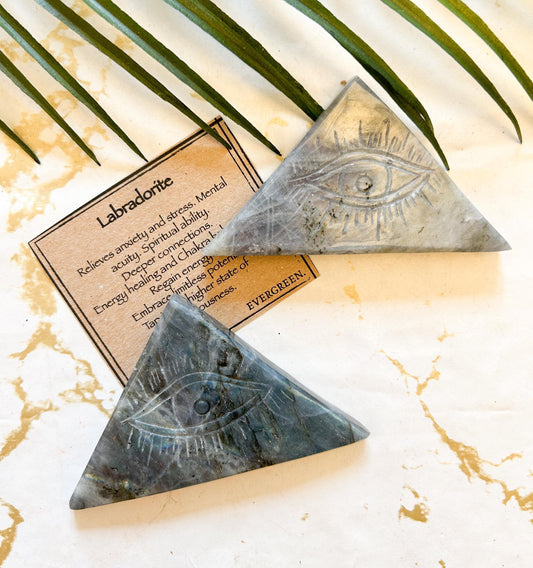 Labradorite Evil Eye Crystal Triangle Carving - Protection, Relieves Anxiety & Stress