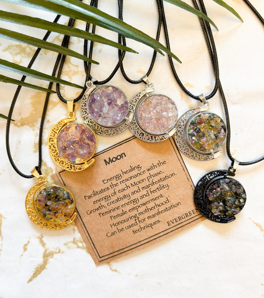 Crystal Chip Moon Pendant & Chain - Wide Variety Available!