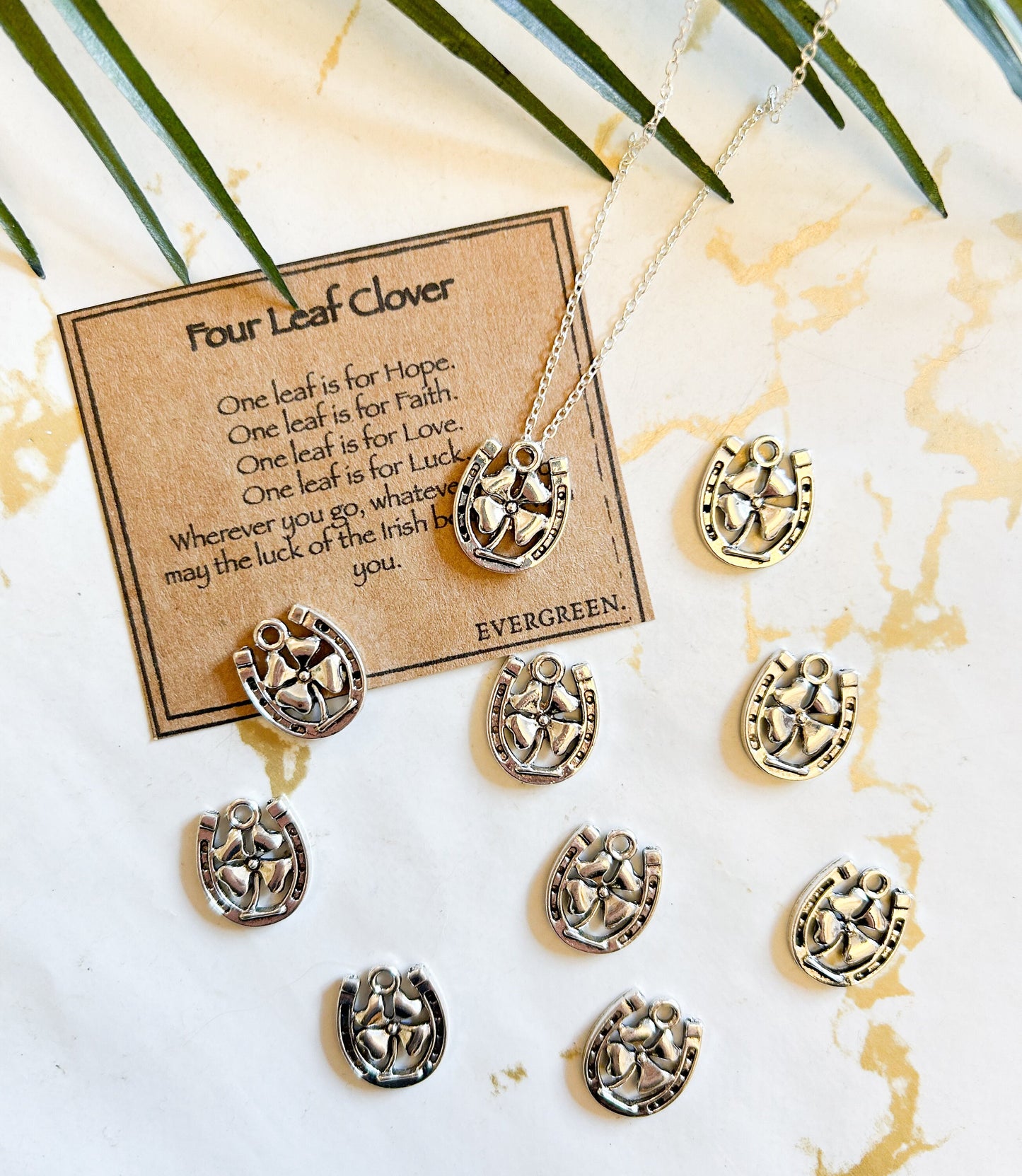 Lucky Horseshoe With Four Leaf Clover Pendant / Charm - Luck, Good Fortune & Success