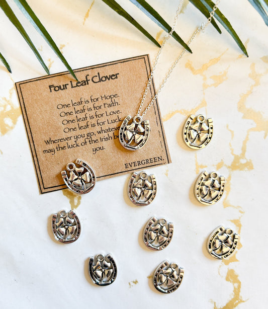 Lucky Horseshoe With Four Leaf Clover Pendant / Charm - Luck, Good Fortune & Success