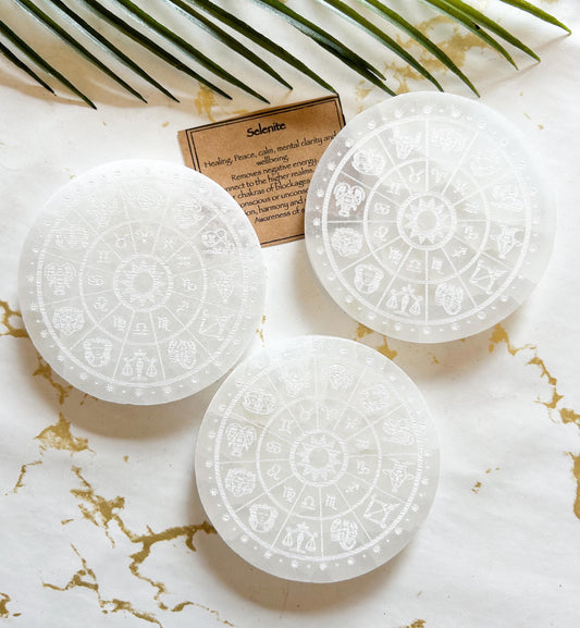 Selenite Crystal Zodiac Charging Plate - Peace, Clarity & Wellbeing