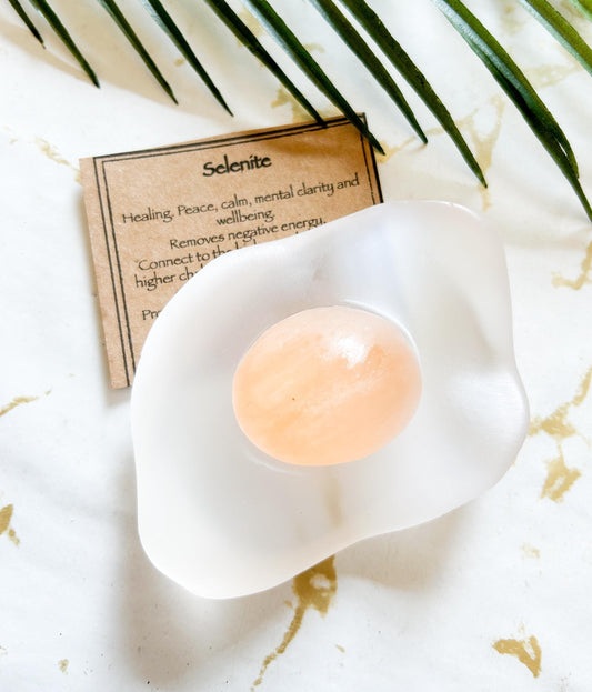 Selenite Crystal Fried Egg Carving - Peace, Clarity & Wellbeing