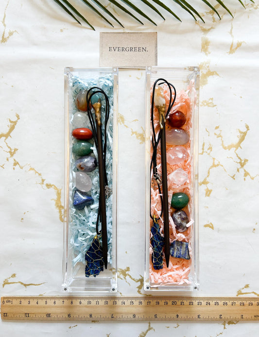 Crystal Gift Set - Tourmaline Aura Crystal Feather Necklace, Crystal Pencil, 7 Chakra Tumbled Stones