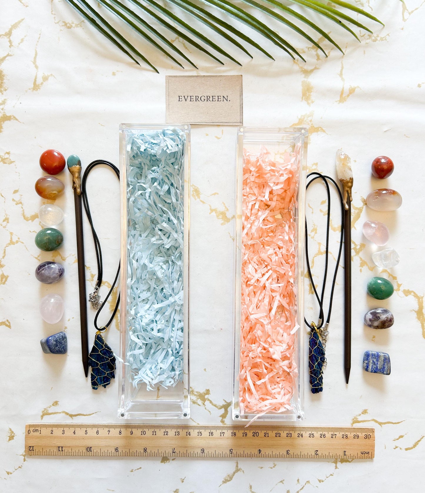 Crystal Gift Set - Tourmaline Aura Crystal Feather Necklace, Crystal Pencil, 7 Chakra Tumbled Stones
