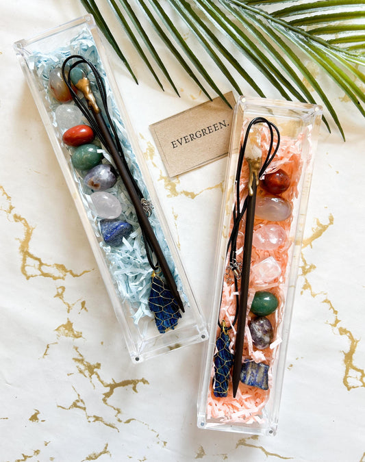 Crystal Gift Set - Tourmaline Aura Crystal Feather Necklace, Crystal Pencil, 7 Chakra Tumbled Stones