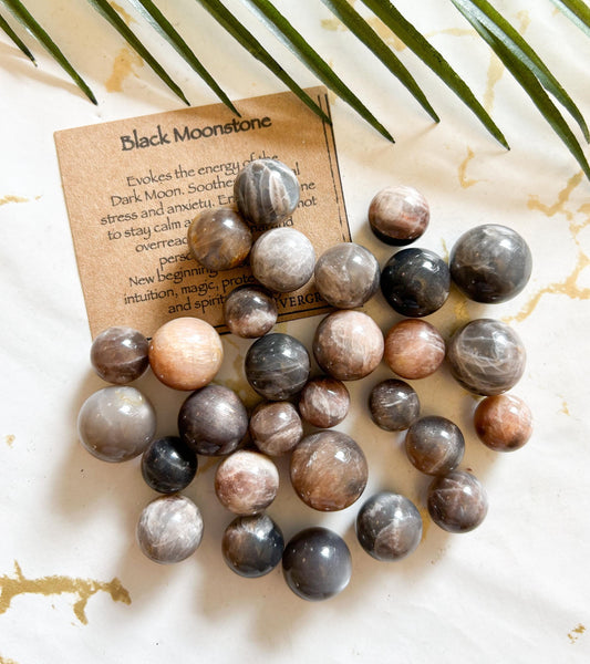 Black Moonstone Crystal Sphere - Calm, Grounding & New Beginnings