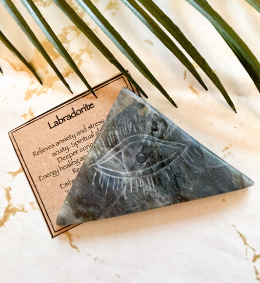 Labradorite Evil Eye Crystal Triangle Carving - Protection, Relieves Anxiety & Stress