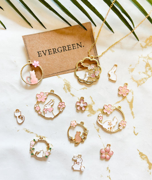 Floral cat / Rabbit Enamel Pendant / Charm - Variety Of Chains Available!