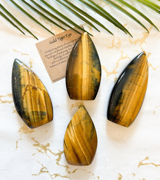Gold Tiger Eye Crystal Carving / Flame - Courage, Stability, Self-Worth