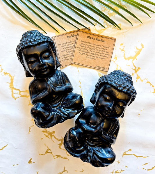 Black Obsidian Crystal Buddha Carving - Financial Gain, Good Fortune & Luck