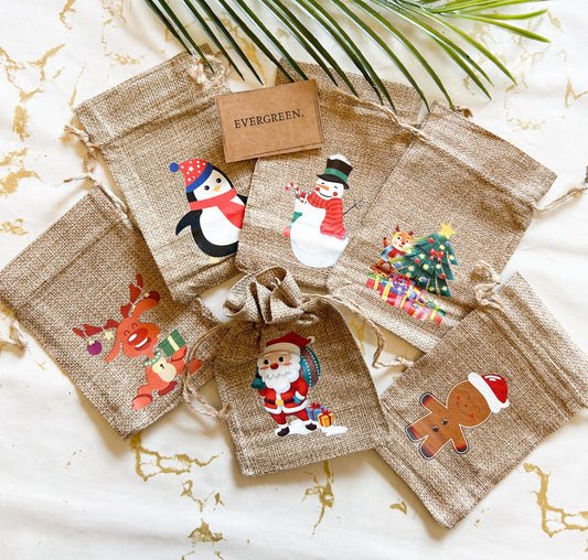 Jute Christmas Burlap Gift Bag - Snowman / Father Christmas / Penguin / Rudolph / Reindeer / Christmas Tree