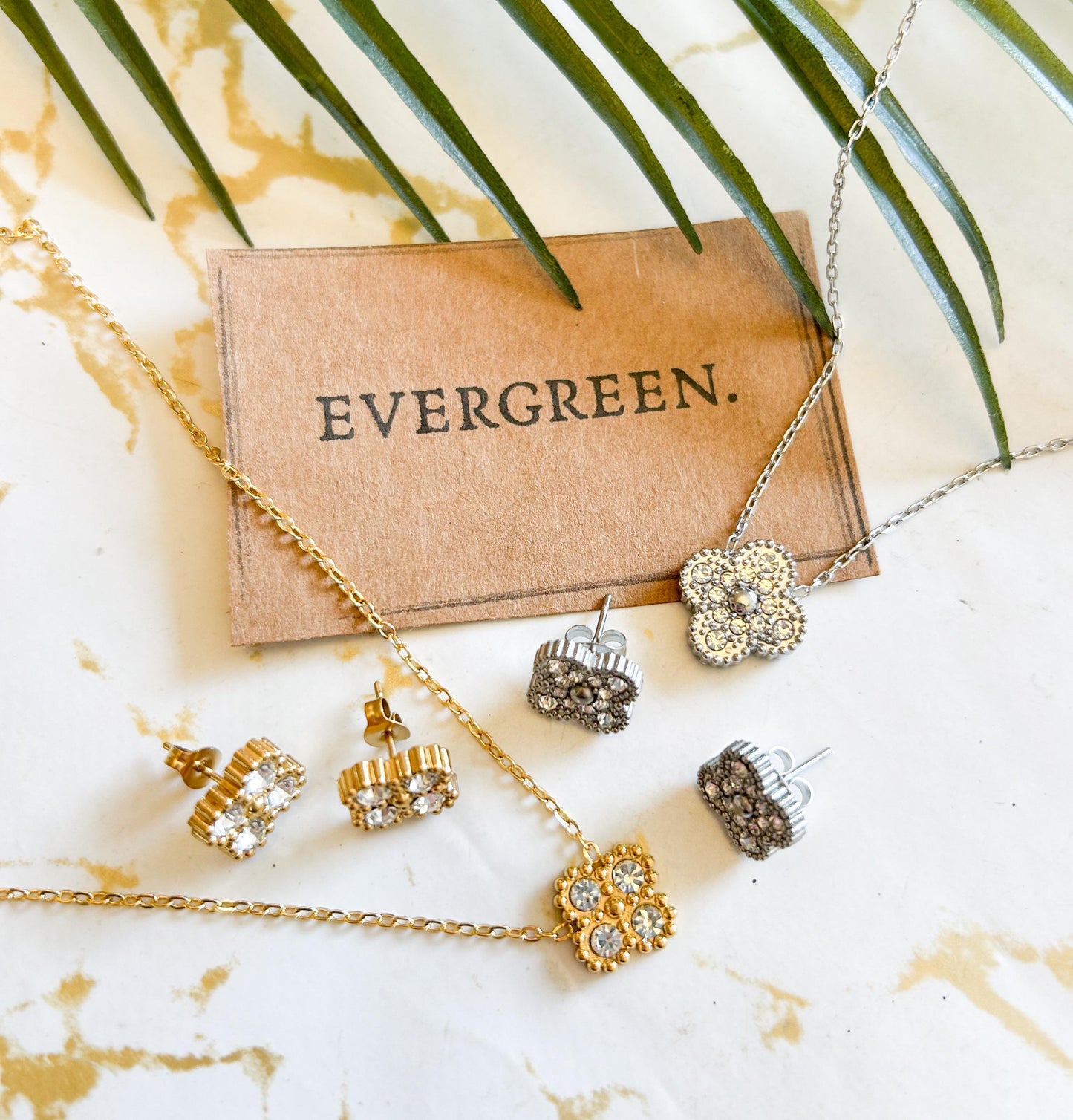 18 Karat Gold Plated Lucky Four Leaf Clover With Cubic Zirconia - Necklace / Bracelet / Earrings
