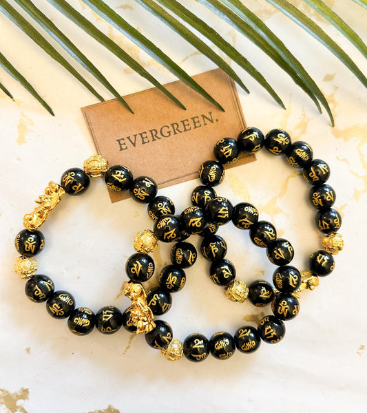 Black Obsidian Crystal & Gold Feng Shui Piyao Pixiu Buddha Mantra Bead Bracelet - Wealth, Luck, Good Fortune