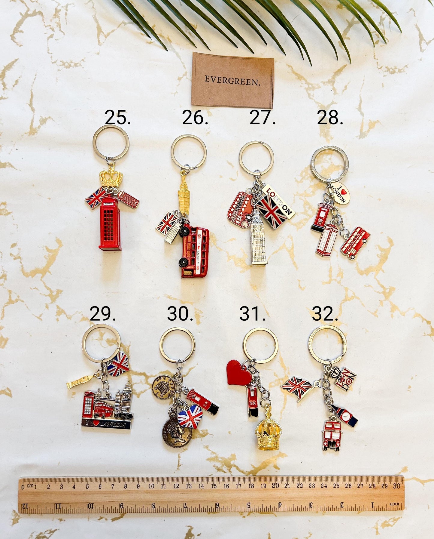 London England Souvenir Keychain - Big Ben, Union Jack, Double Decker Bus, Royal Mail Postbox, Crown, Penny, London Eye, Telephone Box