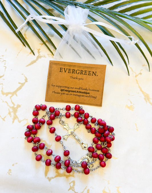 Red Rose Wood Prayer Beads & Holy Maria Cross Pendant Necklace / Rosary