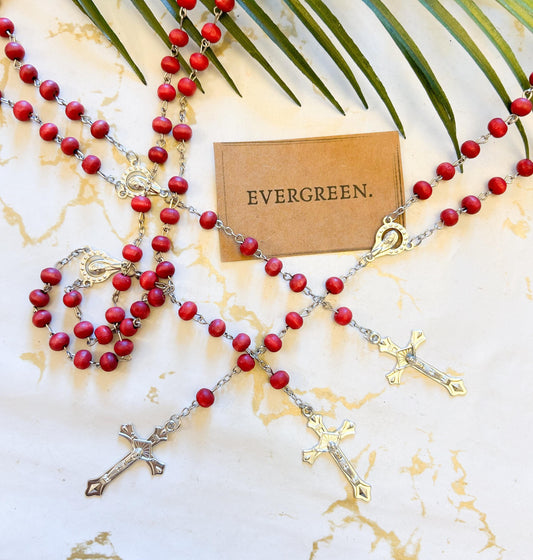 Red Rose Wood Prayer Beads & Holy Maria Cross Pendant Necklace / Rosary