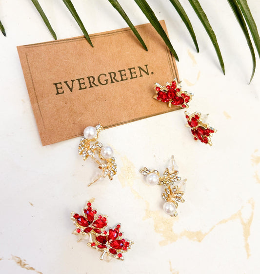 Red Crystal Maple / White Crystal & Faux Pearl Leaf Stud Earrings