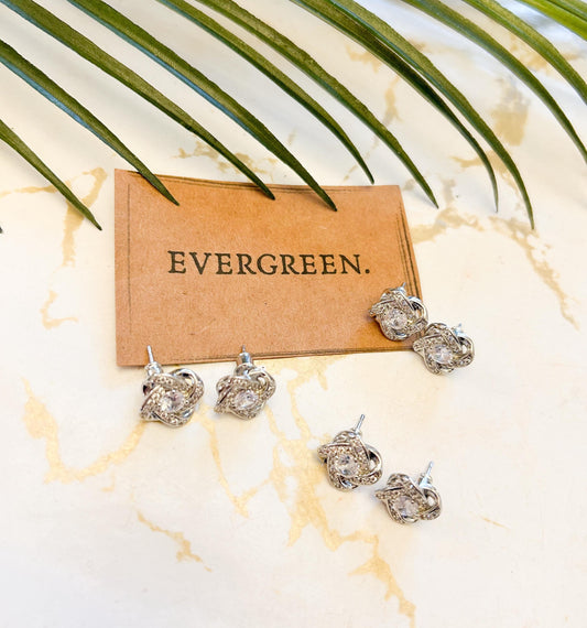 Silver Knot Flower Cubic Zirconia Stud Earrings