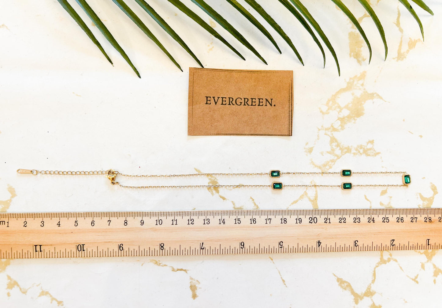Gold Stainless Steel Chain With Green Ornate Rectangle Pendants Necklace