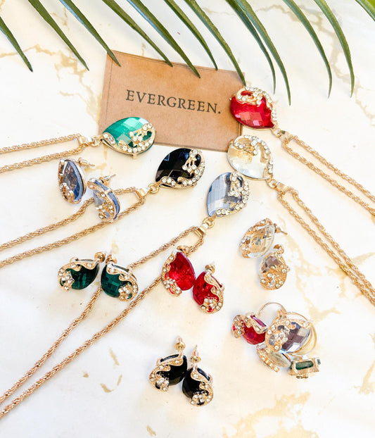 Ornate Pendant Necklace, Ring & Stud Earrings Jewellery Set - Red / Black / Blue / Green / Clear