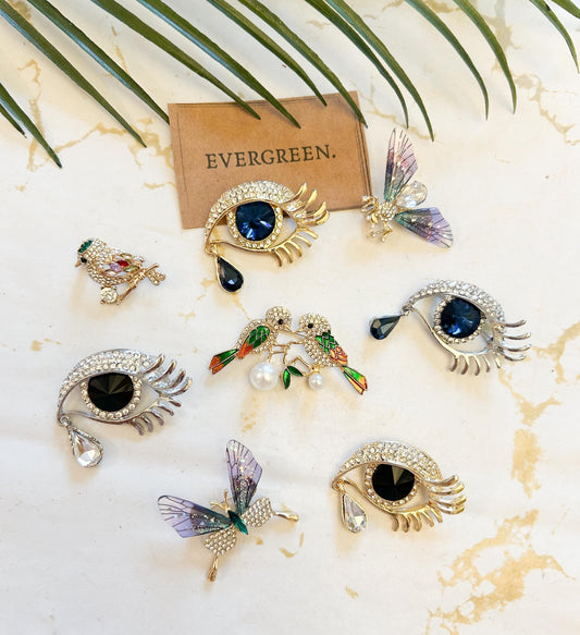 Rhinestone Bird / Eye Brooch - Gold / Silver