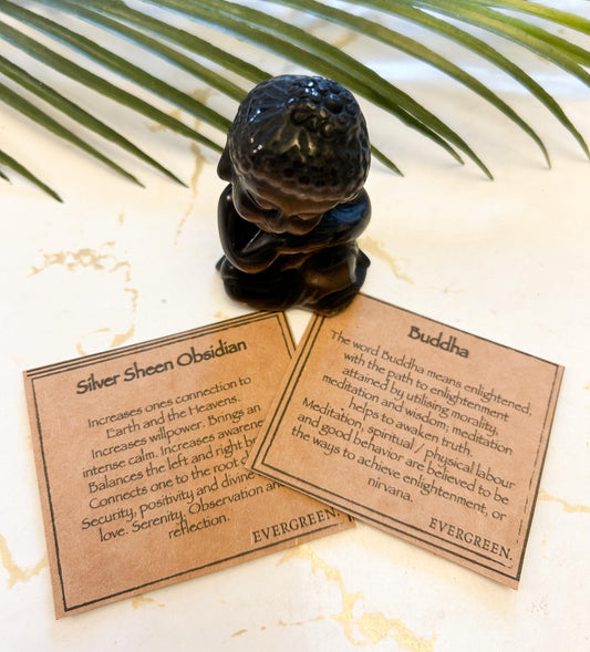 Silver Sheen Obsidian Crystal Buddha Carving - Connection, Willpower & Security