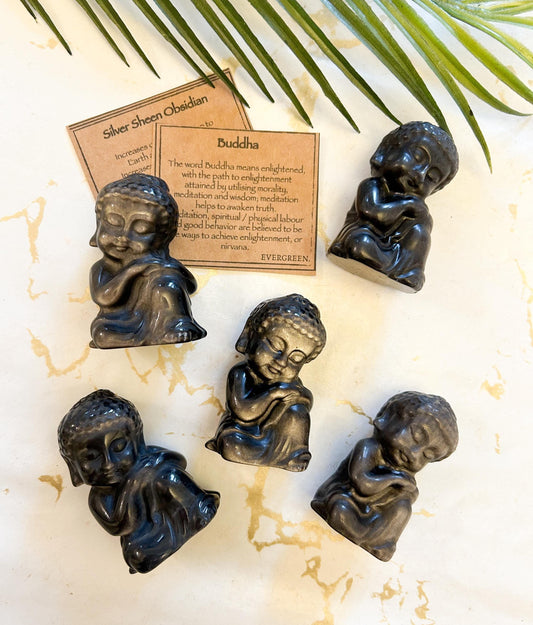 Silver Sheen Obsidian Crystal Buddha Carving - Connection, Willpower & Security