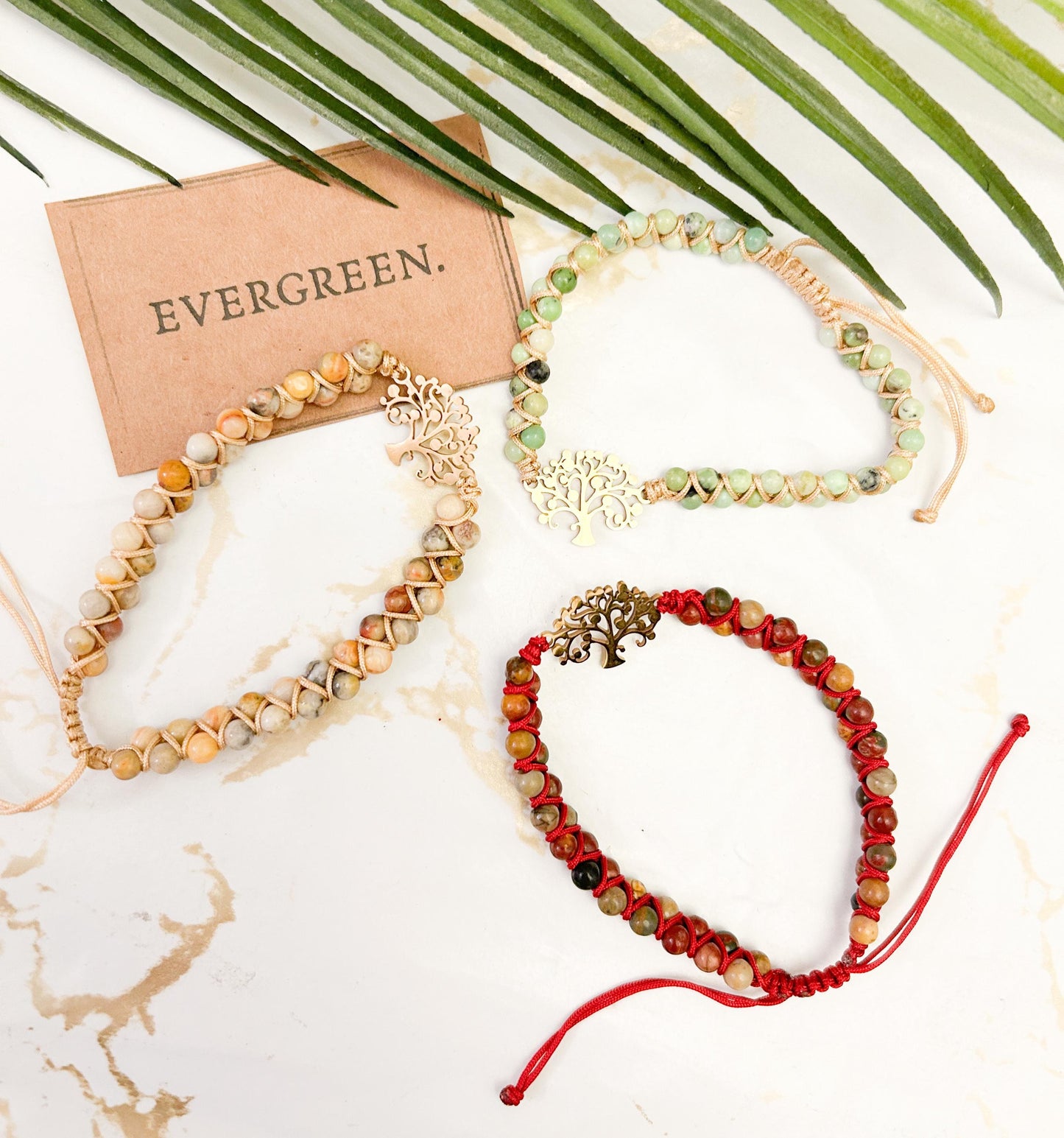 18 Karat Gold Plated Stainless Steel Tree Of Life Boho Crystal Beaded Bracelet - Jade / Picasso Jasper / Crazy Agate