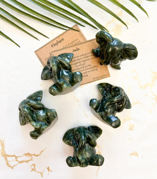 Jade Crystal Elephant Carving - Fortune, Grounding & Wisdom