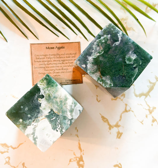 Moss Agate Crystal Druzy Cube Carving - Tranquility, Balance & Recovery