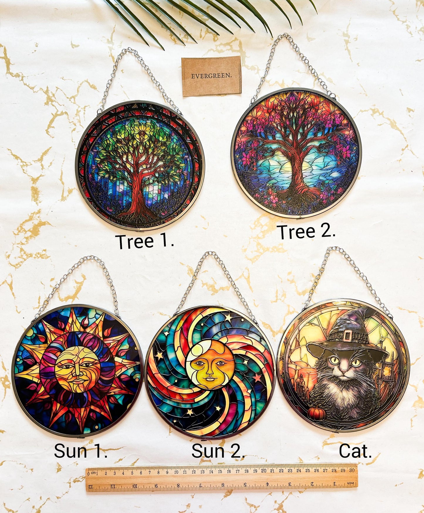 Circular Hanging Stained Glass Sun Catcher - Tree / Sun / Cat