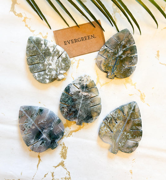 Moss Agate Crystal Leaf Carving