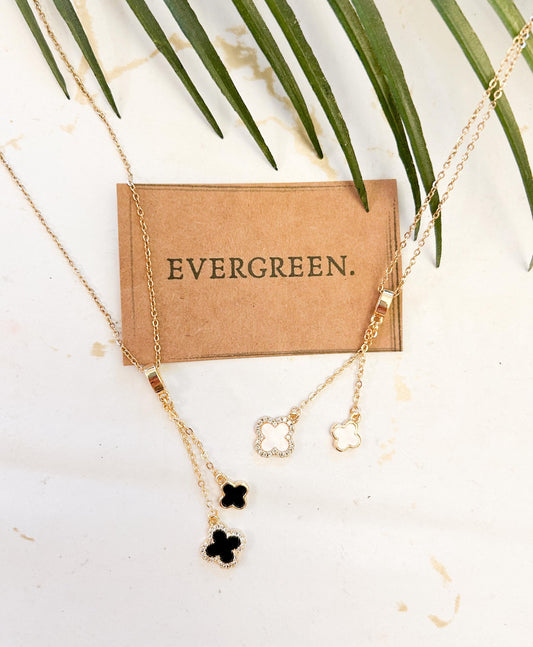 Black / White Gold Stainless Steel Four Leaf Clover Pendant Necklace & Chain
