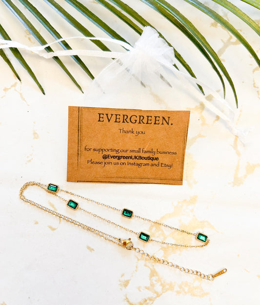 Gold Stainless Steel Chain With Green Ornate Rectangle Pendants Necklace