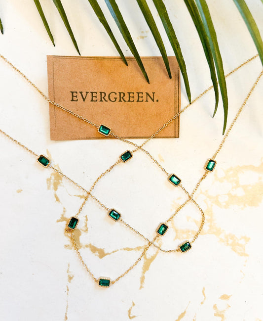 Gold Stainless Steel Chain With Green Ornate Rectangle Pendants Necklace