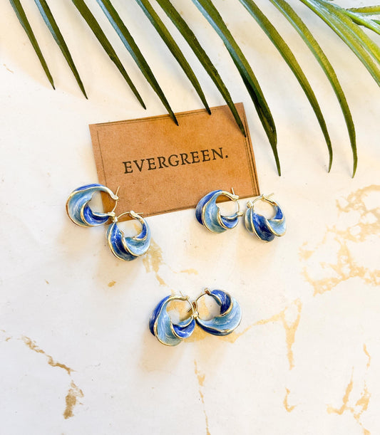 French Retro Blue Enamel Drop Spiral Hoop Earrings