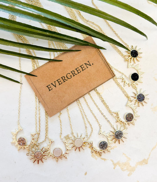 18 Karat Gold Plated Waterproof Celestial Crystal Agate Druzy Sun Pendant Necklace - 18" Chain Length