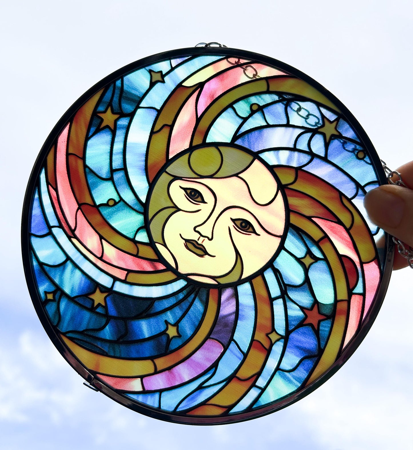 Circular Hanging Stained Glass Sun Catcher - Tree / Sun / Cat