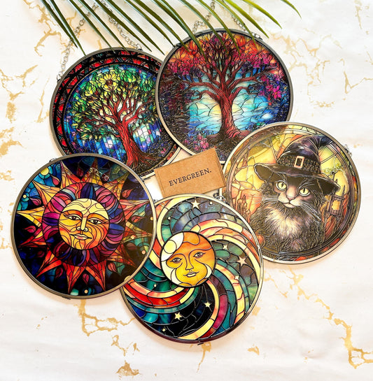Circular Hanging Stained Glass Sun Catcher - Tree / Sun / Cat