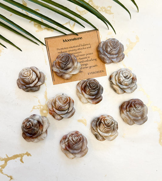 Moonstone Crystal Rose Carving - Balance, Inner Peace & Stability